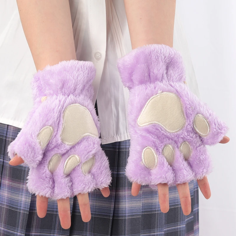Women Cartoon Cat Claw Gloves Thickened Plush Lovely Style Bear Paw Exposed Fingers Half Winter Mittens Warm Girls Gift Gloves Women Cartoon Cat Claw Gloves Thickened Plush Lovely Style Bear Paw Exposed Fingers Half Winter Mittens Warm Girls Gift Gloves