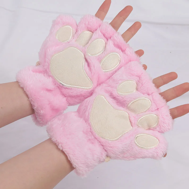 Women Cartoon Cat Claw Gloves Thickened Plush Lovely Style Bear Paw Exposed Fingers Half Winter Mittens Warm Girls Gift Gloves Women Cartoon Cat Claw Gloves Thickened Plush Lovely Style Bear Paw Exposed Fingers Half Winter Mittens Warm Girls Gift Gloves