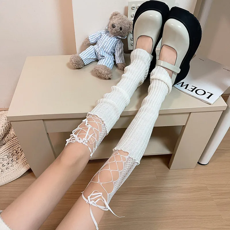 Japanese Style Lolita Winter Warm Socks Warm Leg Knitted Socks Y2K Knitted Foot Covers Leg Warmers with Lace for Women Girls