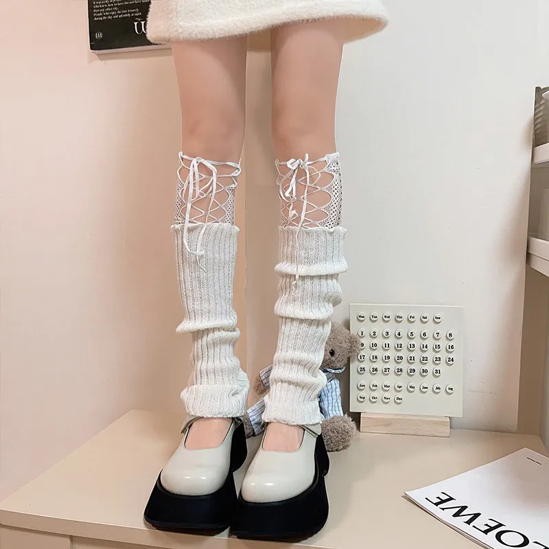 Japanese Style Lolita Winter Warm Socks Warm Leg Knitted Socks Y2K Knitted Foot Covers Leg Warmers with Lace for Women Girls