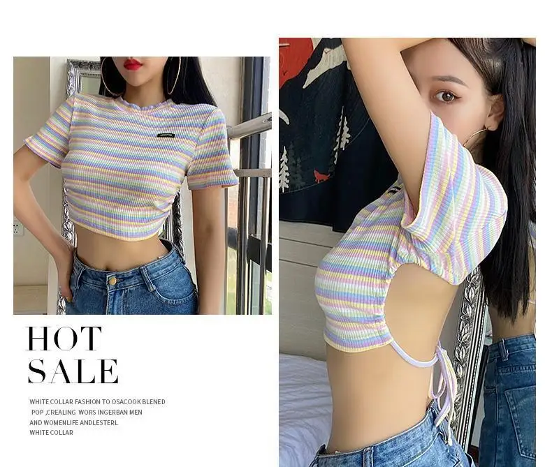 Summer Rainbow Print Backless Cropped Tshirt Women Hot Girl Sexy Short Sleeve Stripe T-shirt Fashion Crop Tops Tees Streetwear