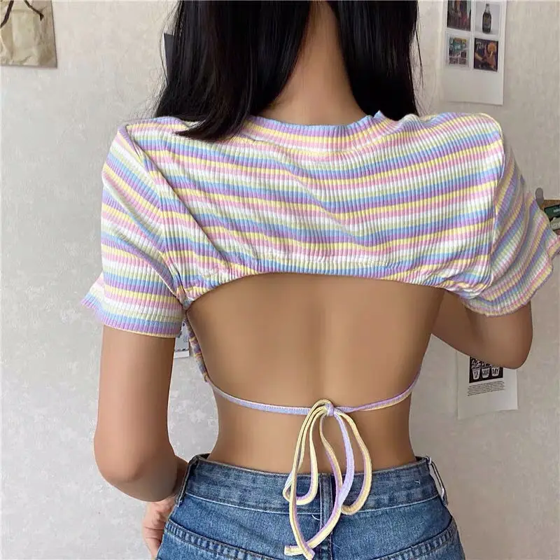 Summer Rainbow Print Backless Cropped Tshirt Women Hot Girl Sexy Short Sleeve Stripe T-shirt Fashion Crop Tops Tees Streetwear