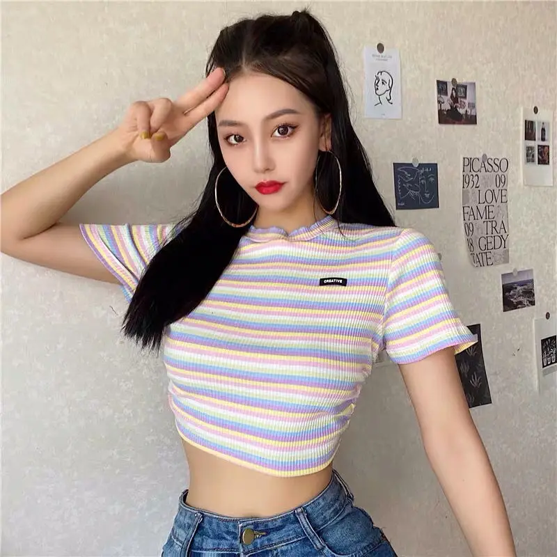 Summer Rainbow Print Backless Cropped Tshirt Women Hot Girl Sexy Short Sleeve Stripe T-shirt Fashion Crop Tops Tees Streetwear