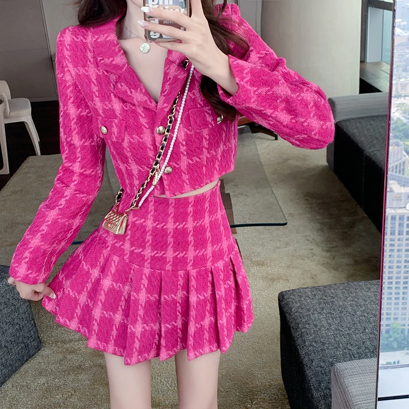 Fall Small Fragrance Vintage Tweed Two Piece Set Women Crop Top Woolen Short Jacket Coat + Mini Skirts Sets Sweet 2 Piece Suits