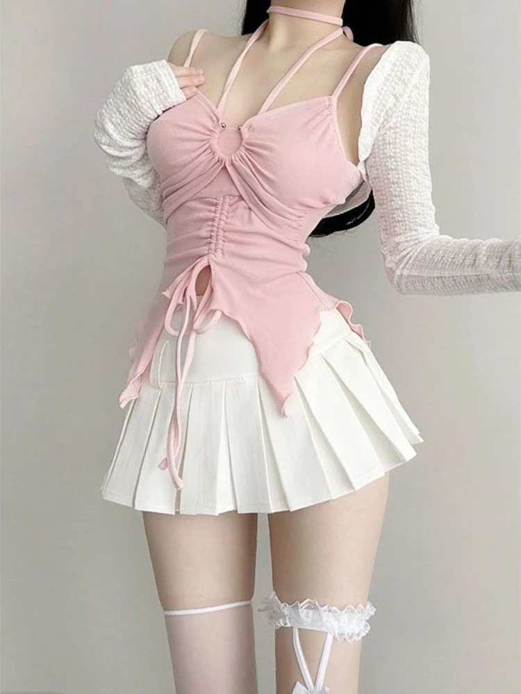 Japanese Pink Kawaii 3 Piece Set Women Patchwork Elegant Sweet Pleated Skirt Suit Female Korean Fashion Casual Chic Set 2024 New