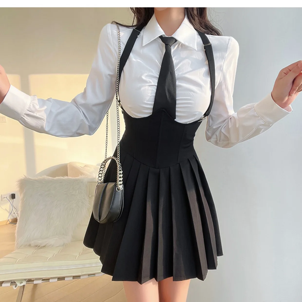 Women Size 4XL Sexy JK Uniform Suit Slim American Sugar Spicy Girls College Style Uniform Set Shirt White + Strap Pleated Skirt