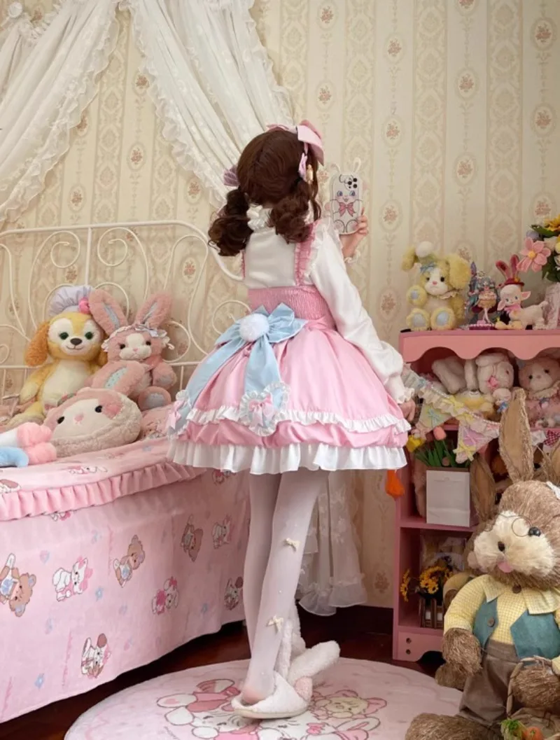 Japanese Sweet Lolita Jsk Dress Women Cute Blue Pink Bow Bear Lace Ruffles Sleeveless Dress Girls Kawaii Tea Party Mini Dress