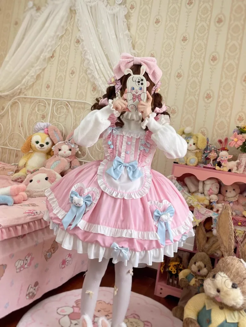 Japanese Sweet Lolita Jsk Dress Women Cute Blue Pink Bow Bear Lace Ruffles Sleeveless Dress Girls Kawaii Tea Party Mini Dress