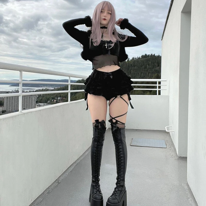 AltGoth Mall Goth Hotsweet Shorts Women Aesthetic Y2k E-girl Cute Sweet Fairycore Grunge Lace Bow Patchwork High Waist Shorts