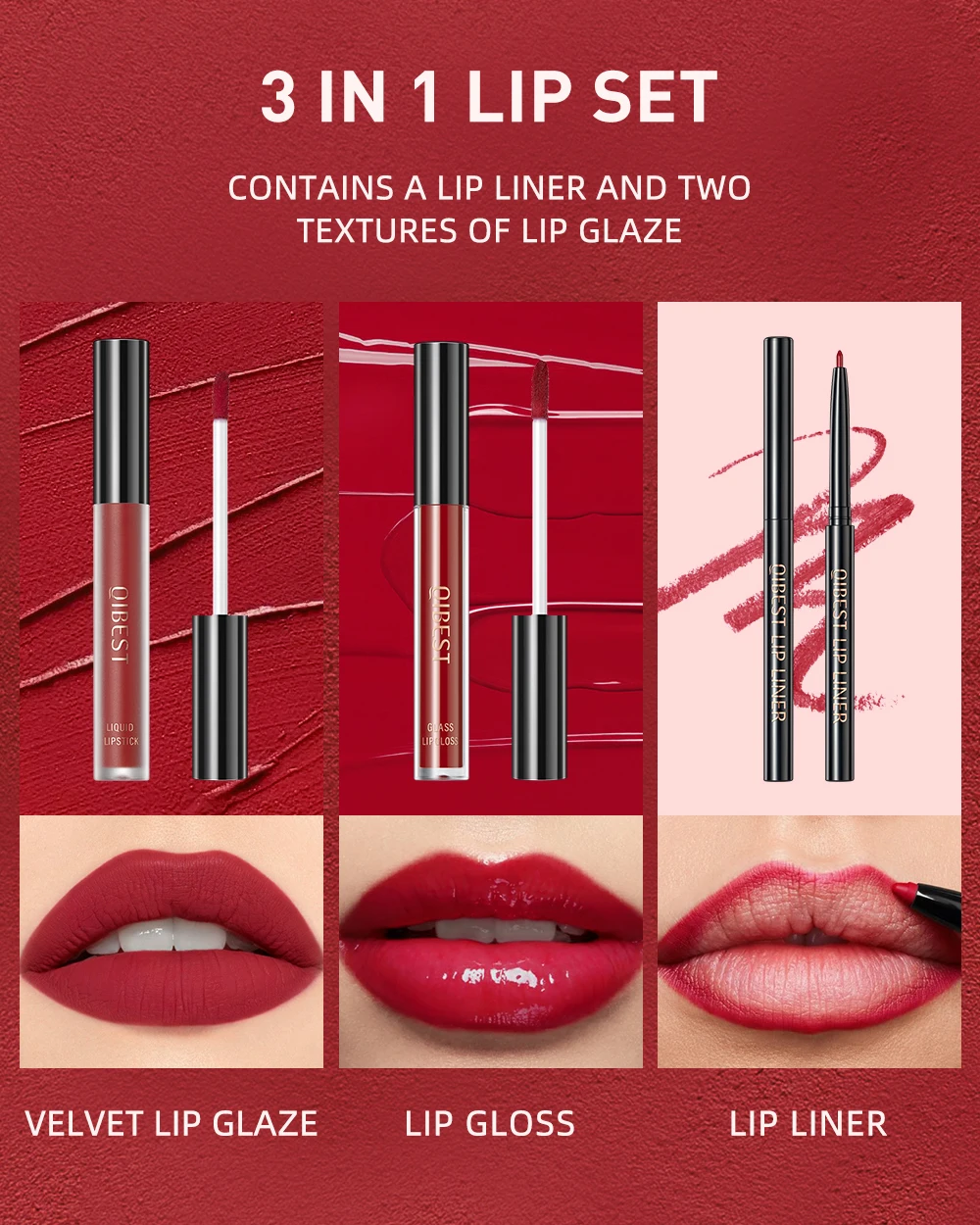 QIBEST Matte Liquid Lipstick Sexy Red Lip Gloss Glaze Waterproof Long-Lasting Lip Liner Kits Lip Makeup Sets Lip Stain 2023 New