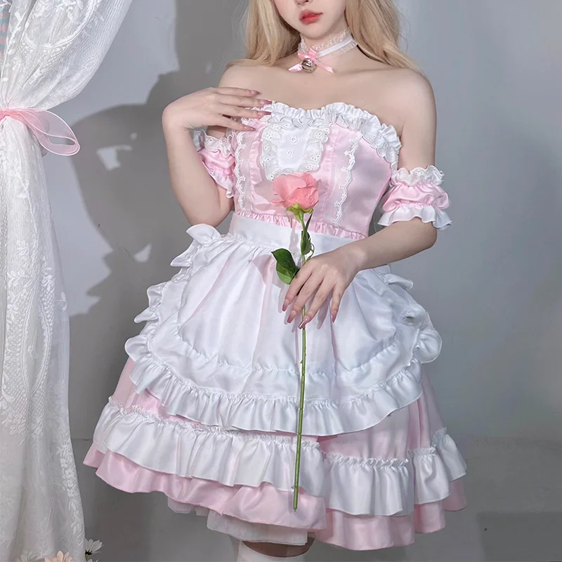 Lolita Pink Dress Women Party Princess Coffee Maid Ruffles Anime Cosplay Costumes Japanese Kawaii Halloween Waitress Role Play