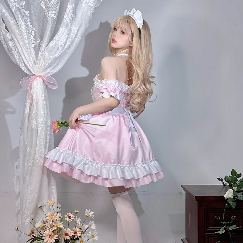 Lolita Pink Dress Women Party Princess Coffee Maid Ruffles Anime Cosplay Costumes Japanese Kawaii Halloween Waitress Role Play