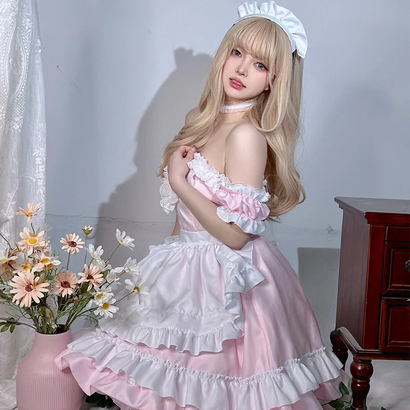Lolita Pink Dress Women Party Princess Coffee Maid Ruffles Anime Cosplay Costumes Japanese Kawaii Halloween Waitress Role Play