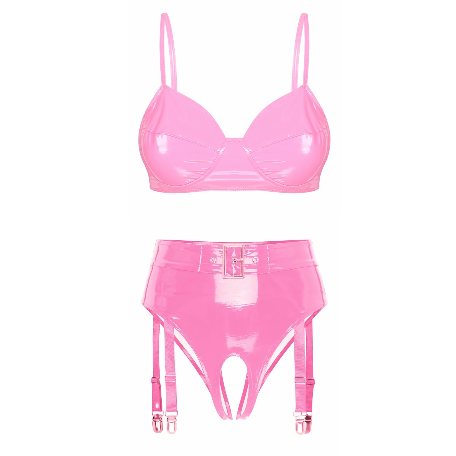Wet Look Patent Lingerie Set - Pink, XXL