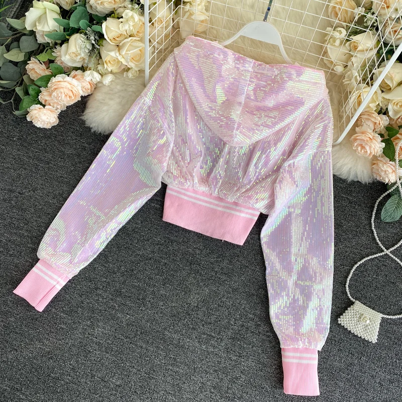 2023 Spring Women Fashion Sequins Slim Short Cardigan Jacket Summer Hooded Long Sleeve Female Cropped Outwear Silver Pink Black 2023 Spring Women Fashion Sequins Slim Short Cardigan Jacket Summer Hooded Long Sleeve Female Cropped Outwear Silver Pink Black