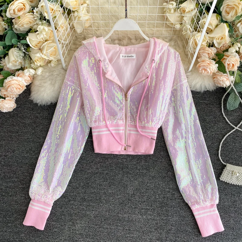 2023 Spring Women Fashion Sequins Slim Short Cardigan Jacket Summer Hooded Long Sleeve Female Cropped Outwear Silver Pink Black 2023 Spring Women Fashion Sequins Slim Short Cardigan Jacket Summer Hooded Long Sleeve Female Cropped Outwear Silver Pink Black