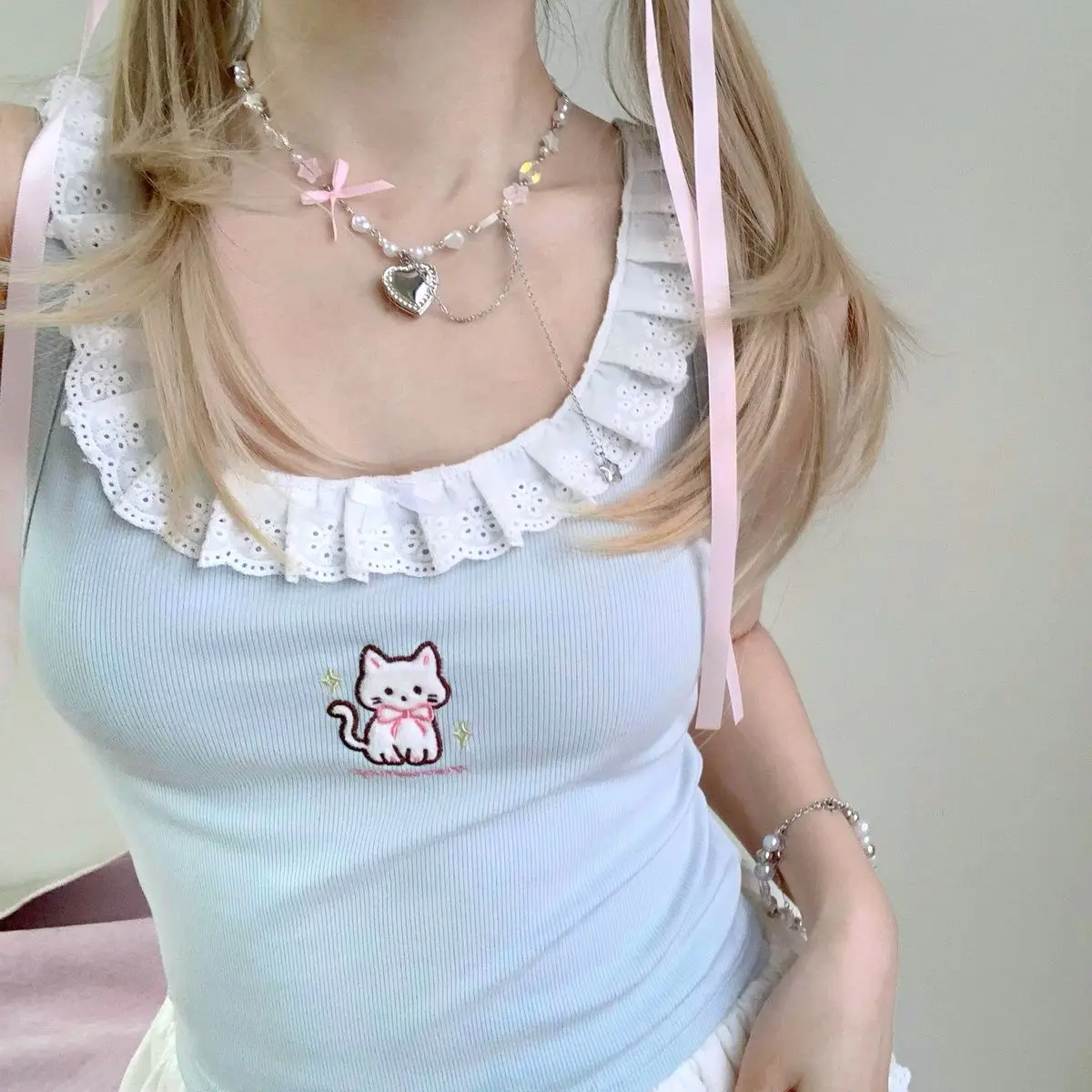 Deeptown Kawaii Cat Embroidery Tank Tops Women Coquette Aesthetic Cute Crop Tops Harajuku Y2k Sweet Girl White Halter Top Summer