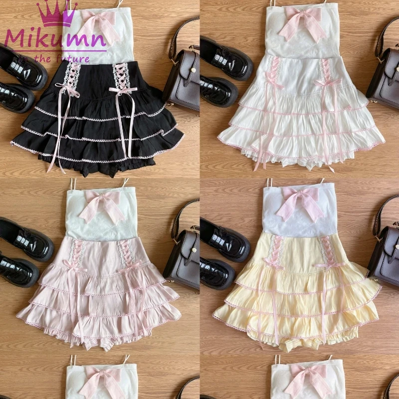 Mikumn Japanese Harajuku Girls Kawaii Lace Pleated Skirts Women High Waist Bow Lace-up Fairy Y2k Aesthetic Cute Cake Mini Skirts