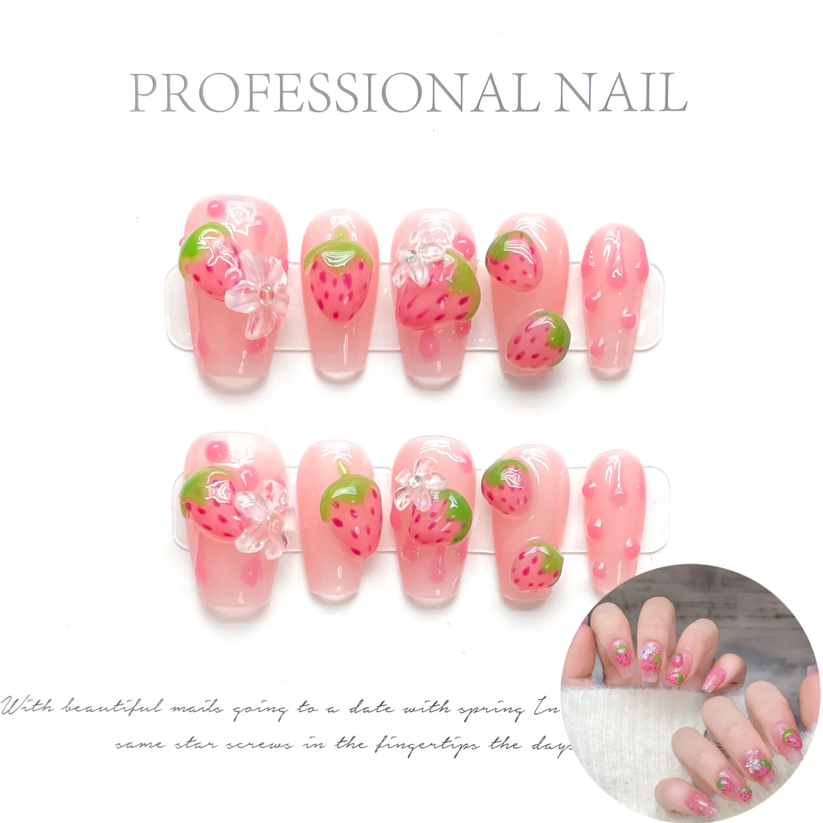 10pcs Handmade Fake Nails 3D Pink Strawberry Design False Nails for Women Manicure Nail Decoration Korean Sweet Press on Nails 10pcs Handmade Fake Nails 3D Pink Strawberry Design False Nails for Women Manicure Nail Decoration Korean Sweet Press on Nails