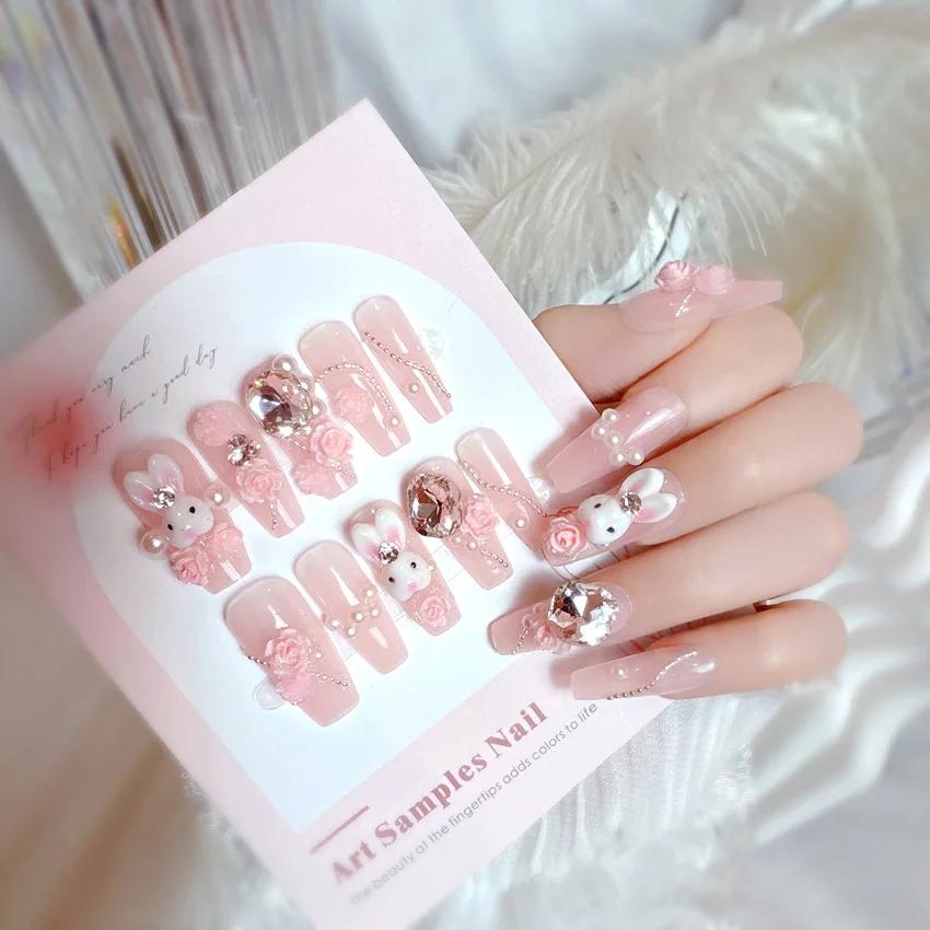 24pcs Cute Rabbit Press on Nails with Pink Flower Rhinestone Full Cover Artificial False Nail Acrylic High Quality Fake Nails