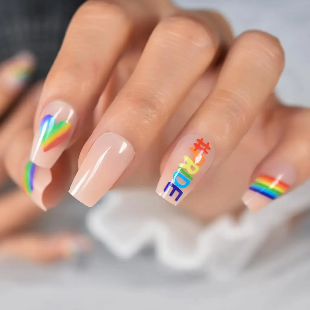 Short Coffin Pride Pattern Rainbow Multicolor Cute Lovely Heart Ombre Nail Tips Press On Nails Fake Nails Full Cover Fingernails