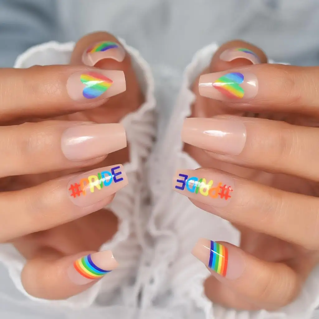 Short Coffin Pride Pattern Rainbow Multicolor Cute Lovely Heart Ombre Nail Tips Press On Nails Fake Nails Full Cover Fingernails