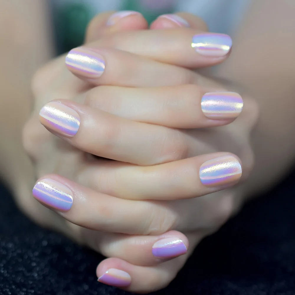 Press On Nails Chrome Fake Nails Art Short Full Cover Fingernails Acrylic Colorful Nails Round Squoval Glossy Tips With Tabs