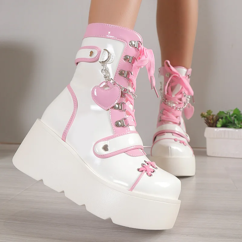 New Gothic Platform Shoes Women's Boots Vampire Role Play Womens Mid-calf Boots Lace Up Wedges Punk Style Botines Para Mujeres New Gothic Platform Shoes Women's Boots Vampire Role Play Womens Mid-calf Boots Lace Up Wedges Punk Style Botines Para Mujeres