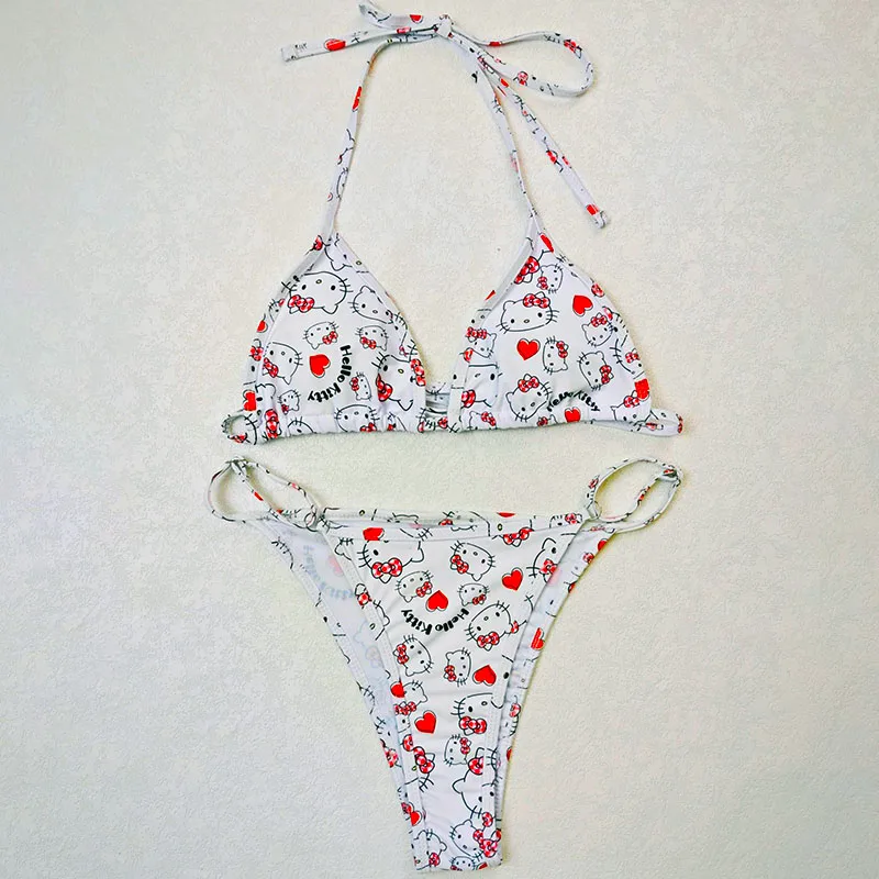 Sanrio Hello Kitty Bikini Women High Waisted Bikini Sexy Push Up Crop Top Summer Beach Swimsuit 3Piece Bathing Suit Swim Gift