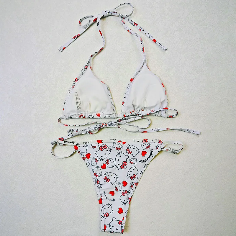 Sanrio Hello Kitty Bikini Women High Waisted Bikini Sexy Push Up Crop Top Summer Beach Swimsuit 3Piece Bathing Suit Swim Gift