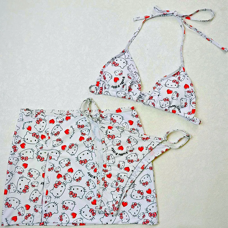 Sanrio Hello Kitty Bikini Women High Waisted Bikini Sexy Push Up Crop Top Summer Beach Swimsuit 3Piece Bathing Suit Swim Gift