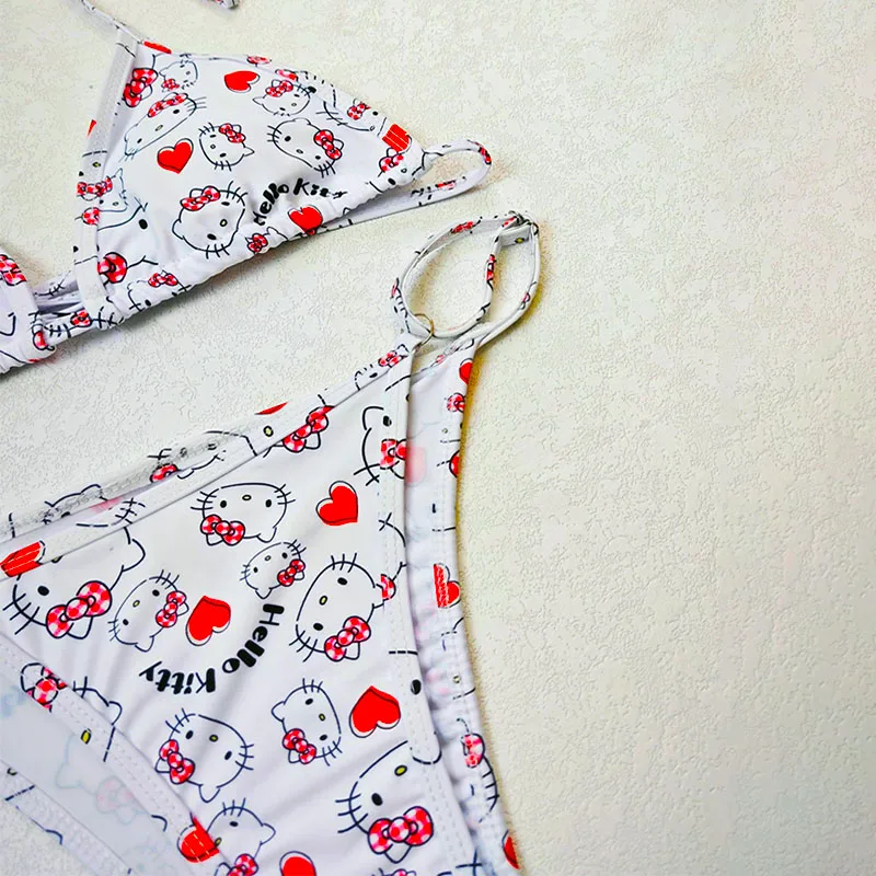 Sanrio Hello Kitty Bikini Women High Waisted Bikini Sexy Push Up Crop Top Summer Beach Swimsuit 3Piece Bathing Suit Swim Gift