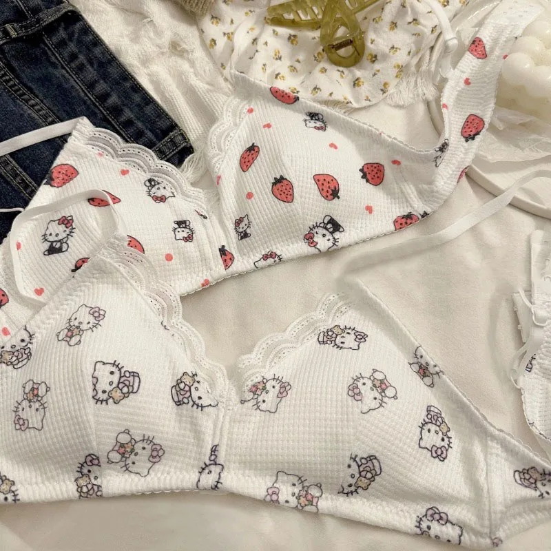 Sanrio Hello Kitty Women Panties Bra Undergarments Suits Sexy Panties Low-waisted Teenage Underwear Kawaii Cute Bra Seamless Set