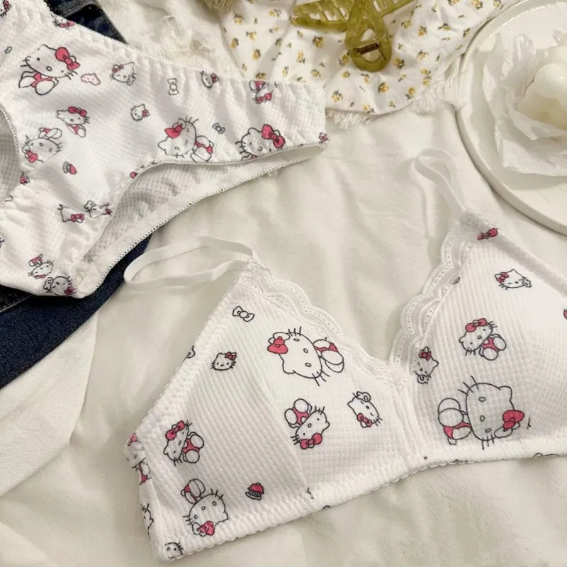 Sanrio Hello Kitty Women Panties Bra Undergarments Suits Sexy Panties Low-waisted Teenage Underwear Kawaii Cute Bra Seamless Set