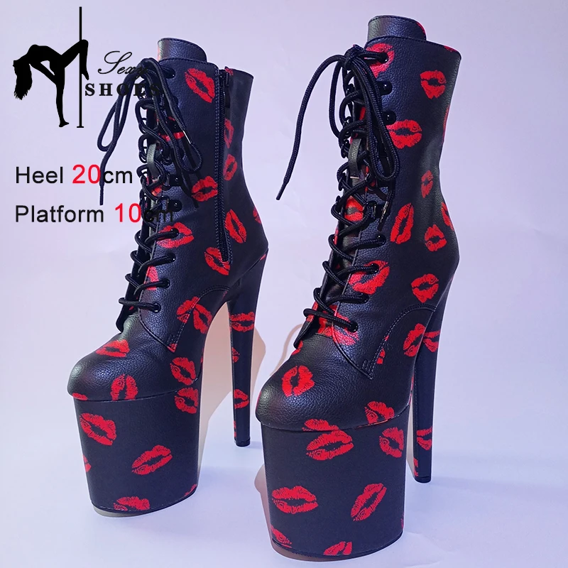 Ankle Boots For Women 20cm/8Inch Platform Pole Dance Heels Sexy Lipstick Print Round Toe Short Boots Thin Heels Stripper Shoes Ankle Boots For Women 20cm/8Inch Platform Pole Dance Heels Sexy Lipstick Print Round Toe Short Boots Thin Heels Stripper Shoes