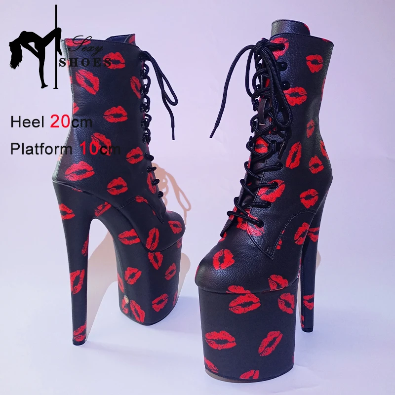 Ankle Boots For Women 20cm/8Inch Platform Pole Dance Heels Sexy Lipstick Print Round Toe Short Boots Thin Heels Stripper Shoes Ankle Boots For Women 20cm/8Inch Platform Pole Dance Heels Sexy Lipstick Print Round Toe Short Boots Thin Heels Stripper Shoes