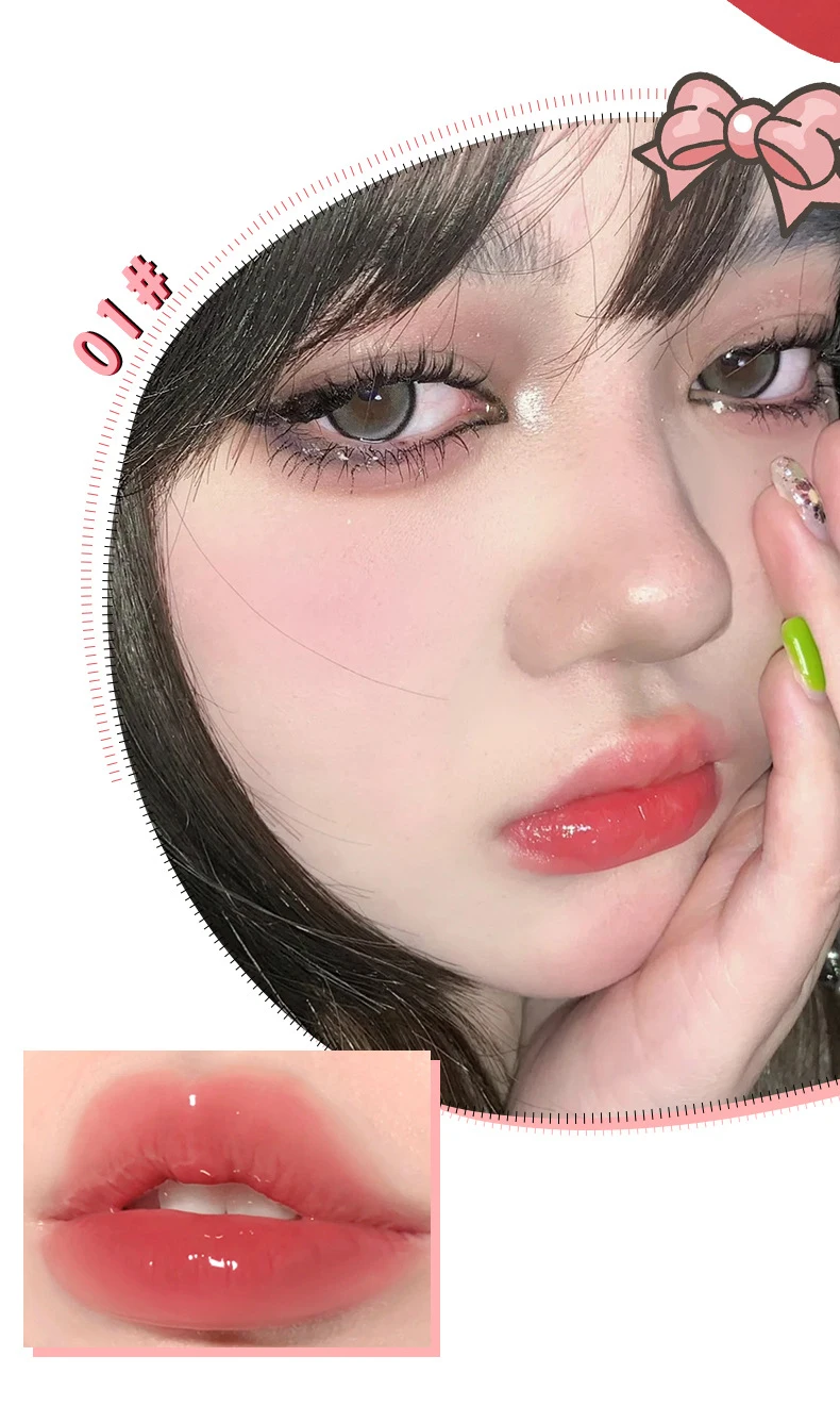Cute Bow Water Mirror Lip Glaze Peach Pink Lipstick Liquid Moisturizing Non-stick Lip Gloss Makeup Sexy Red Lip Tint Maquillaje