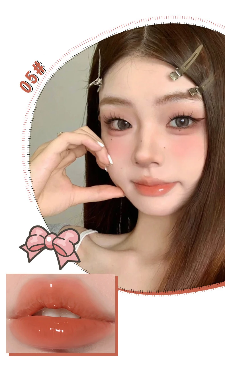 Cute Bow Water Mirror Lip Glaze Peach Pink Lipstick Liquid Moisturizing Non-stick Lip Gloss Makeup Sexy Red Lip Tint Maquillaje
