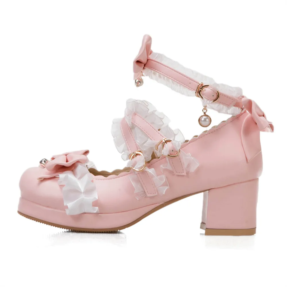2024 Women High Heels Cross Strap Mary Jane Pumps Party Wedding White Pink Black Ruffles Bow Princess Cosplay Lolita Shoes 31-43 2024 Women High Heels Cross Strap Mary Jane Pumps Party Wedding White Pink Black Ruffles Bow Princess Cosplay Lolita Shoes 31-43