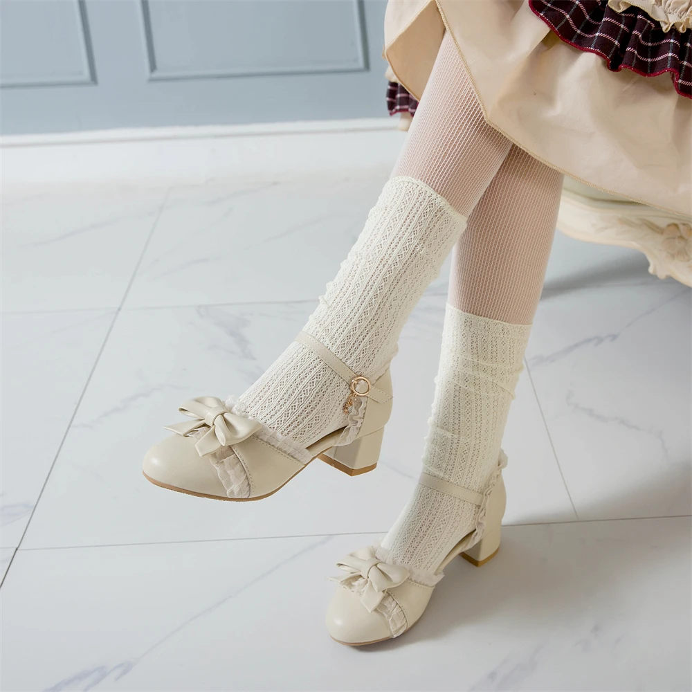 2024 Spring Women High Heels Mary Jane Pumps Party Wedding White Pink Beige String Bead Bow Princess Cosplay Lolita Shoes 31-43 2024 Spring Women High Heels Mary Jane Pumps Party Wedding White Pink Beige String Bead Bow Princess Cosplay Lolita Shoes 31-43