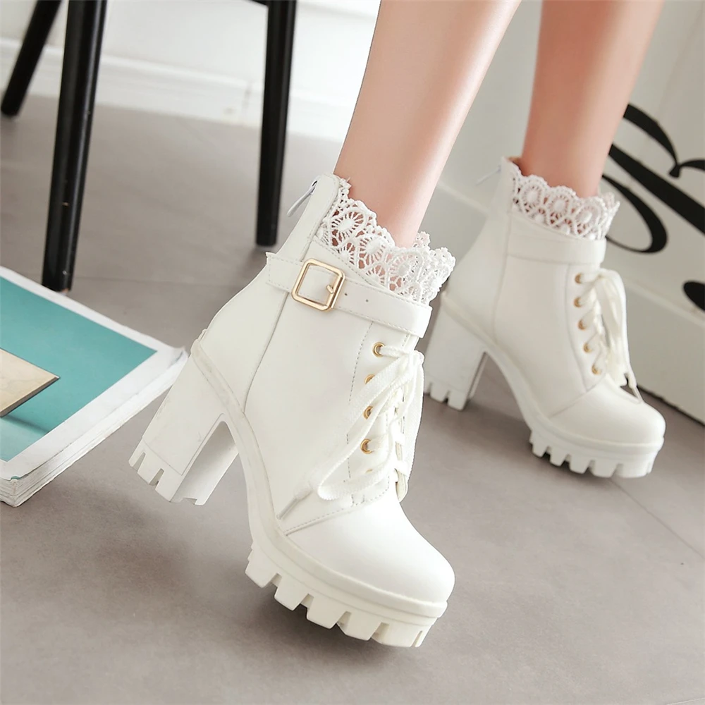 Winter New High-heeled Coarse Heel Platform Marton Boots Frenulum Waterproof Thick Bottom White Women Boots Zapatos De Mujer 33