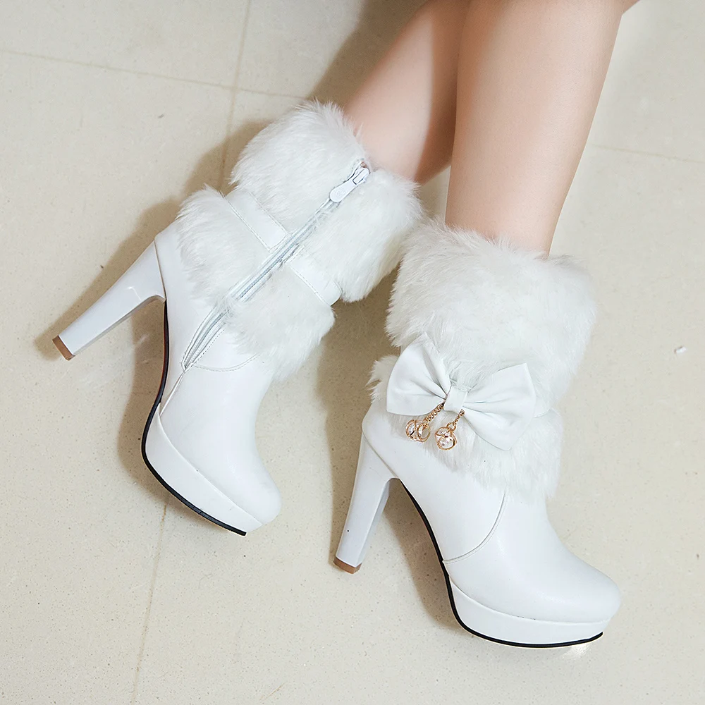 2024 Winter Womens Fashion High Heel Boots Pink White Black Fur Tassel Bowtie Lovely Lolita Ladies Party Wedding Shoes size32-43