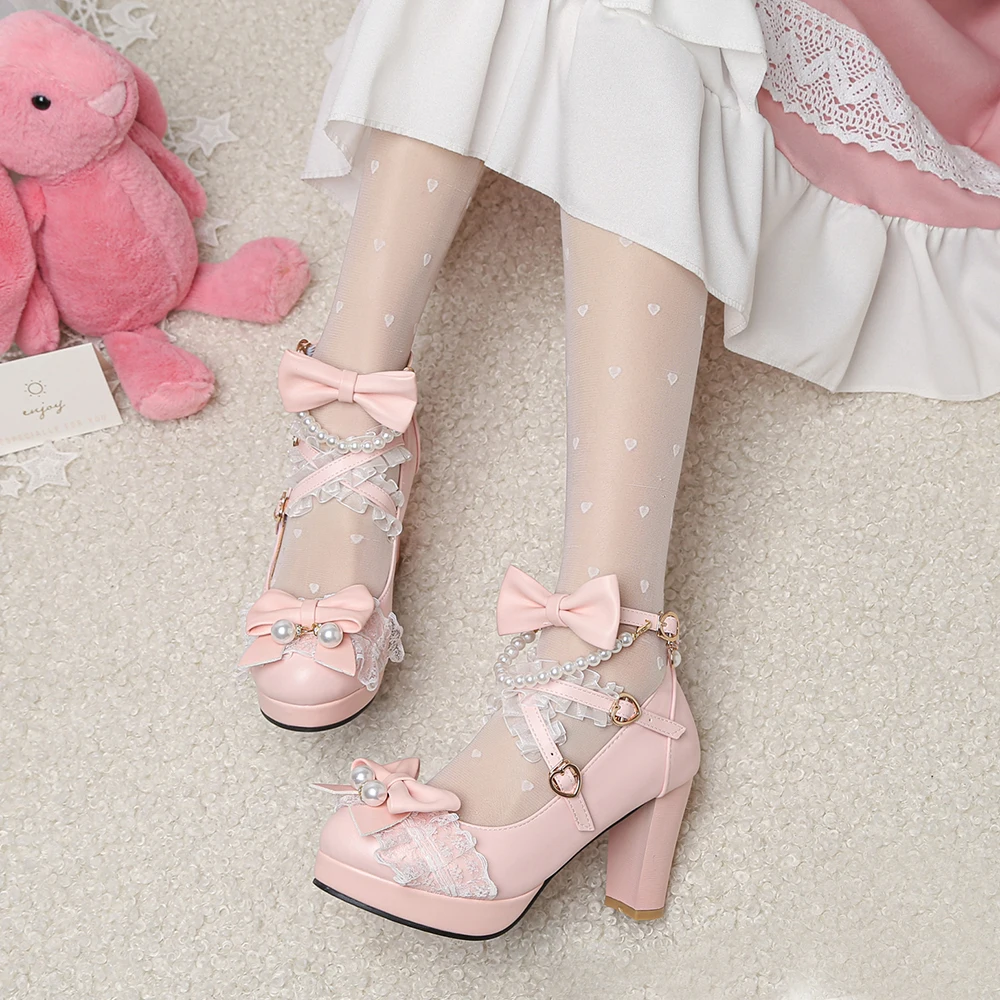 Cross Strap Pearl Women High Heels Mary Jane Pumps Party Wedding White Pink Black Strawberry Bow Princess Cosplay Lolita Shoes Cross Strap Pearl Women High Heels Mary Jane Pumps Party Wedding White Pink Black Strawberry Bow Princess Cosplay Lolita Shoes