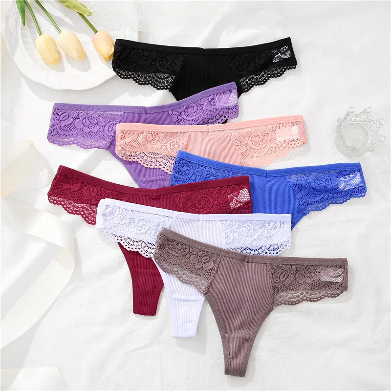 FINETOO 4PCS/Set Sexy V-Waist Women Cotton G-string S-XL Lace Lingerie Panties Thongs Femme Underwear Girls Underpant Intimates
