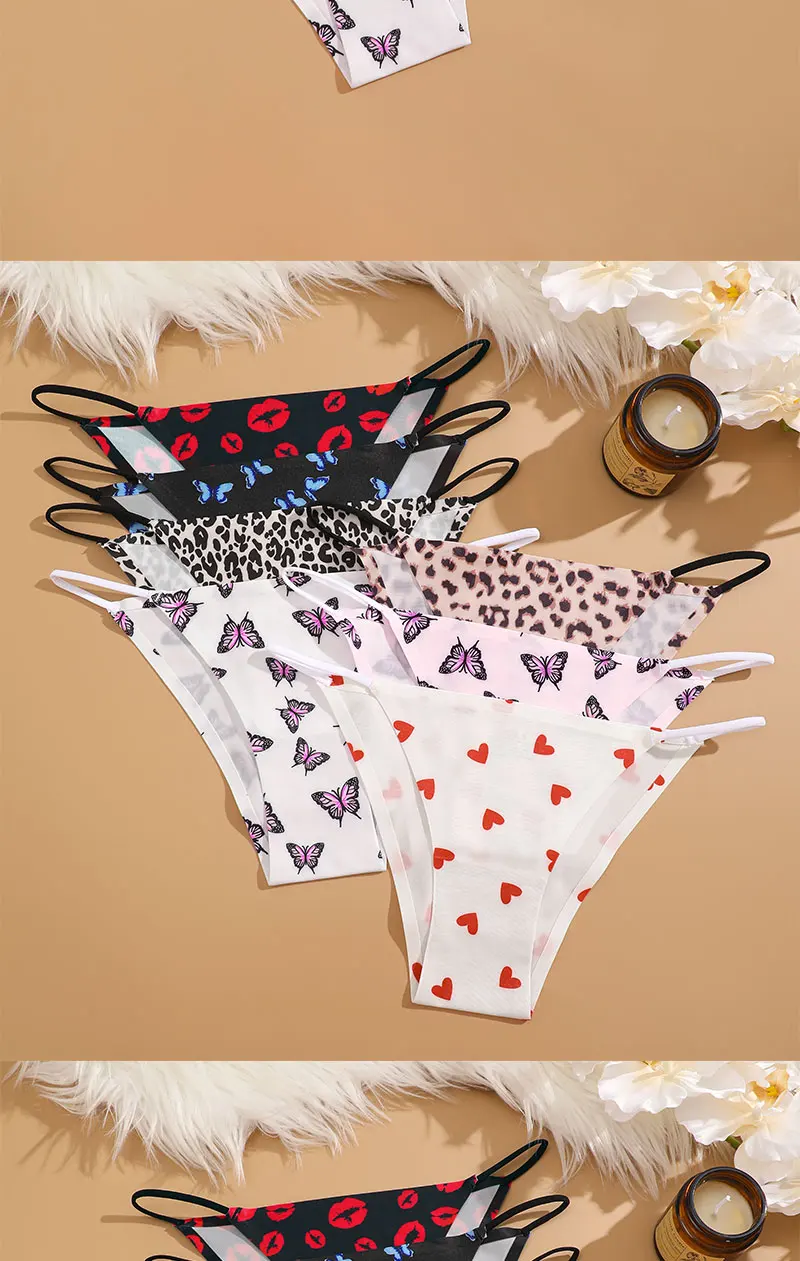 FINETOO 7Pcs Leopard Print Briefs Ice Silk Underwear For Women Panties Low Waist Brazilian Pants Sexy Breathable Seamless Thong