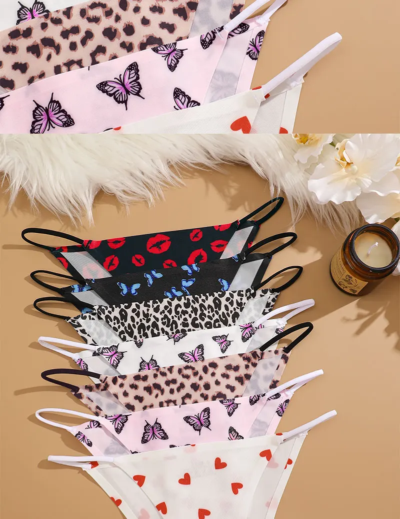FINETOO 7Pcs Leopard Print Briefs Ice Silk Underwear For Women Panties Low Waist Brazilian Pants Sexy Breathable Seamless Thong