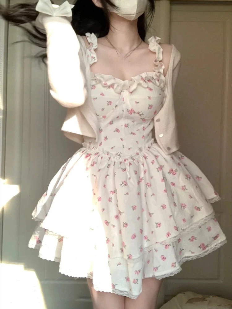 Lace Sweet Kawaii Dress Women Vintage Sleeveless Elegant Cute Mini Dress Female Print Korean Fashion Strap Dress 2024 Summer New Lace Sweet Kawaii Dress Women Vintage Sleeveless Elegant Cute Mini Dress Female Print Korean Fashion Strap Dress 2024 Summer New
