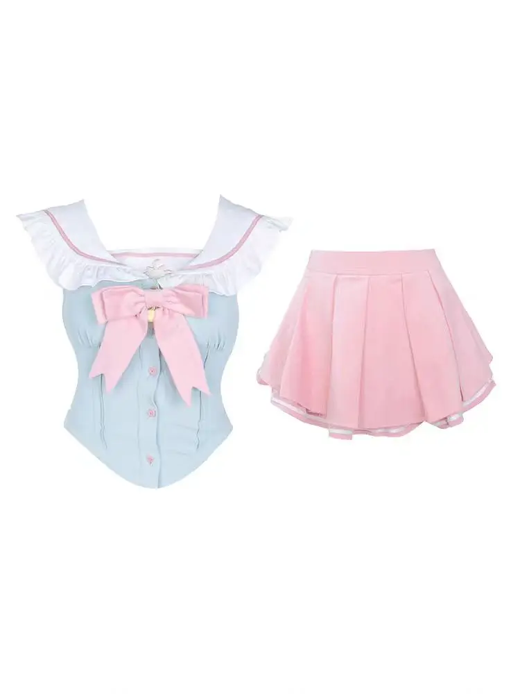 Lolita Japanese Style Kawaii Suie Women Preppy Style Bow Y2k Crop Tops + Casual Pink Mini Skirt Short Party Korean Fashion Sets