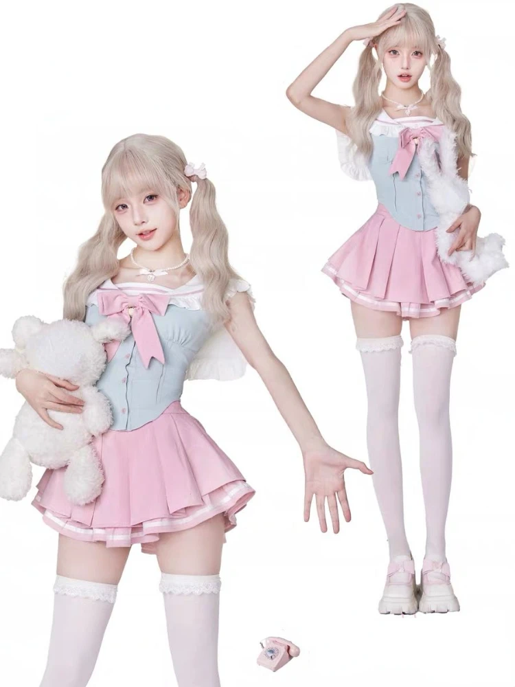 Lolita Japanese Style Kawaii Suie Women Preppy Style Bow Y2k Crop Tops + Casual Pink Mini Skirt Short Party Korean Fashion Sets