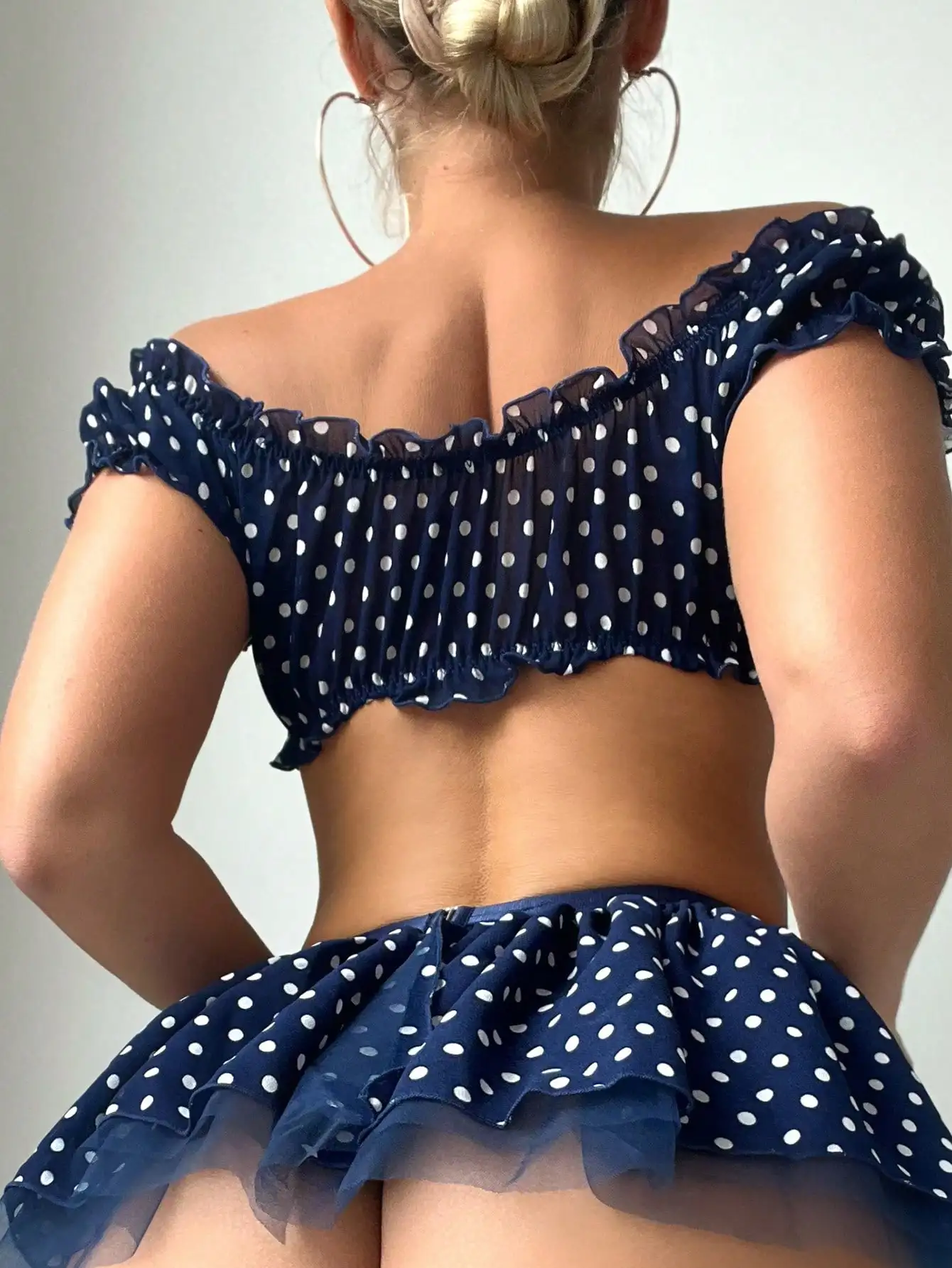 Ellolace Polka Dot Lingerie 5-Piece Off Shoulder Ruffled Top Skirt Thongs Stocking Romantic Intimate Goods Exotic Sets